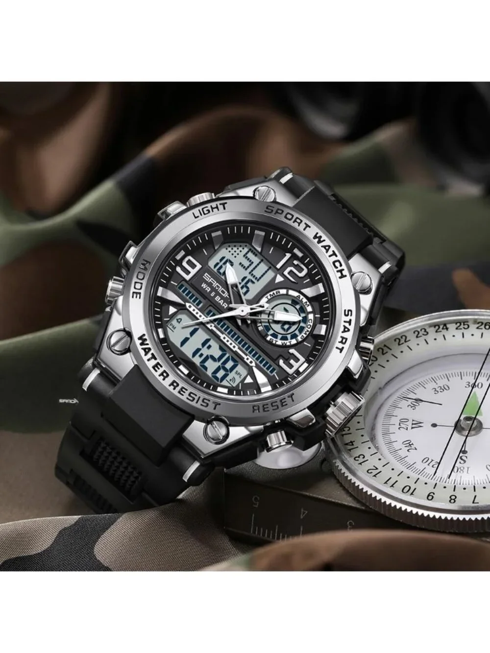 Men's Black And Silver Analog Quartz Sport Waterproof Military LED Digital Watch